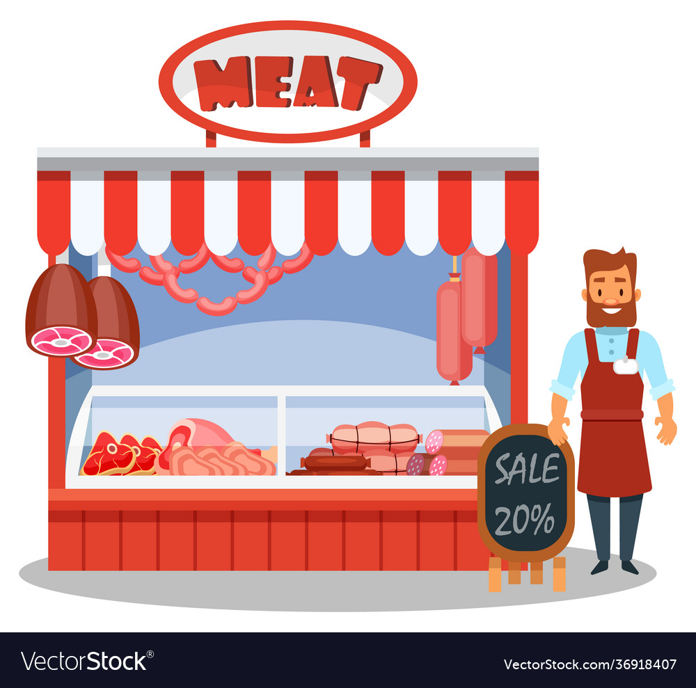 Male character seller behind meat counter Vector Image