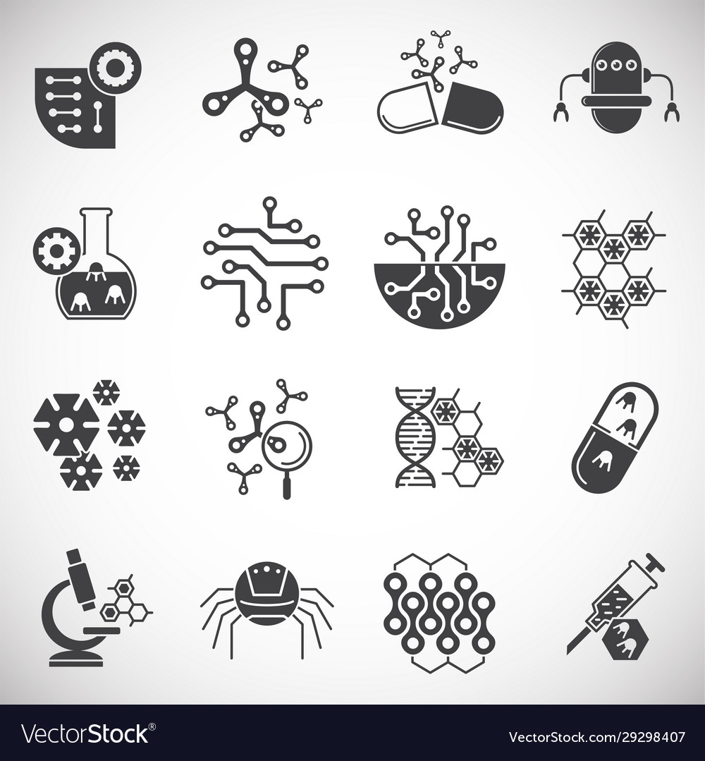 Nano tech related icons set on background vector image Nano tech related icons set on background