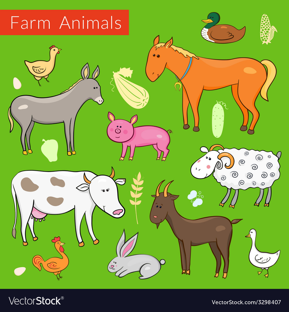 Set of different colorful farm animals