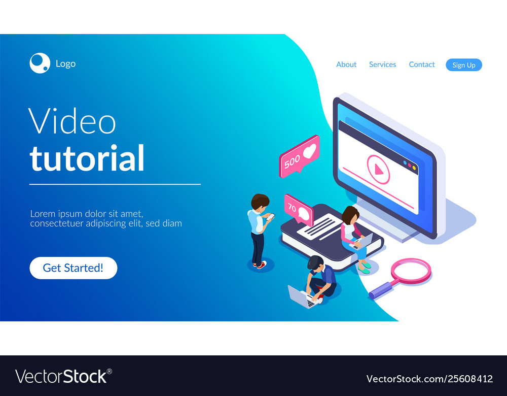 Isometric online learning concept video tutorials vector image Isometric online learning concept video tutorials