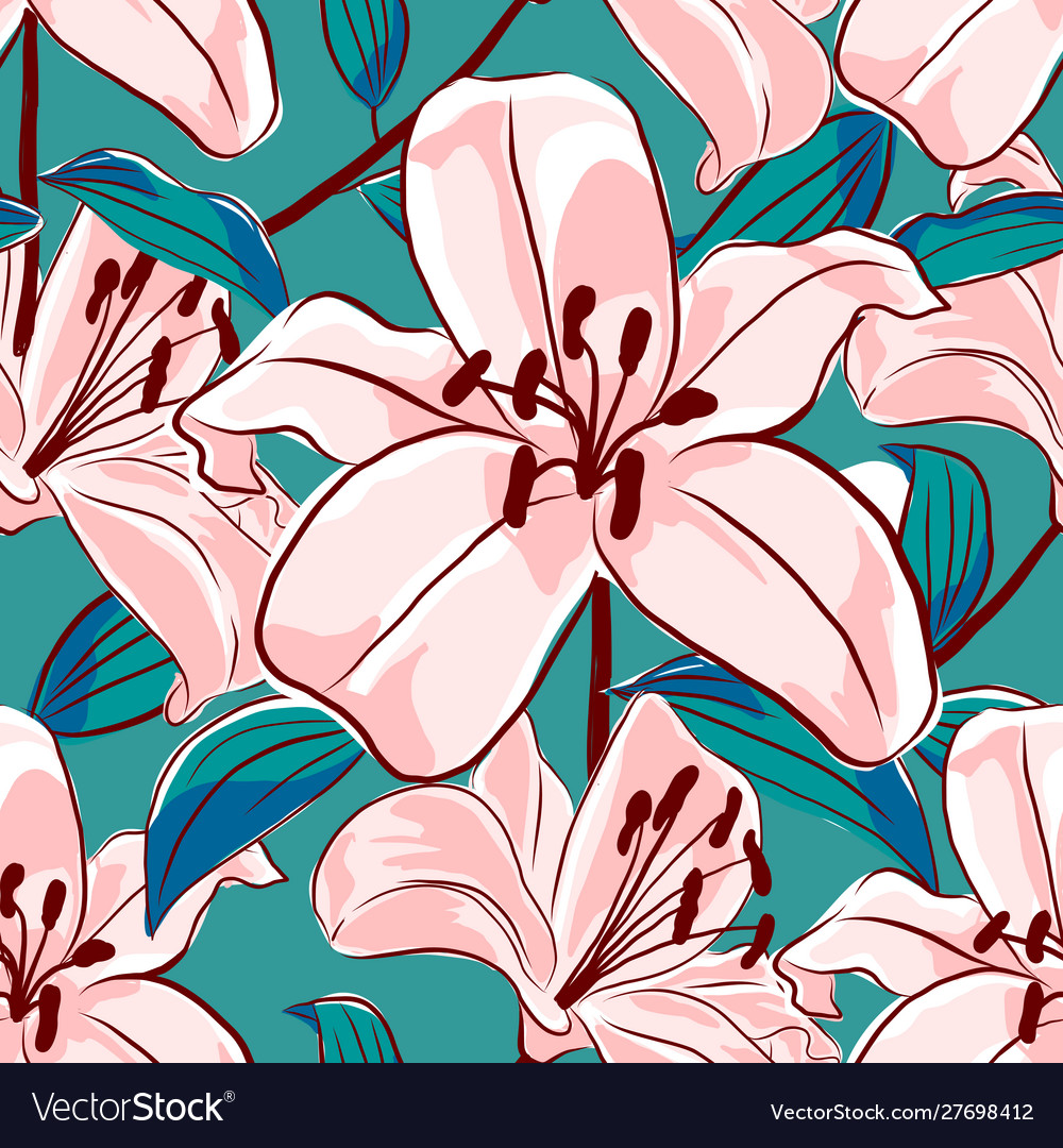 Lilies flowers seamless pattern blooming pink vector image Lilies flowers seamless pattern blooming pink