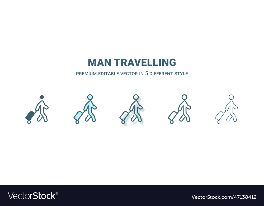 Man travelling icon in 5 different style outline vector image Man travelling icon in 5 different style outline