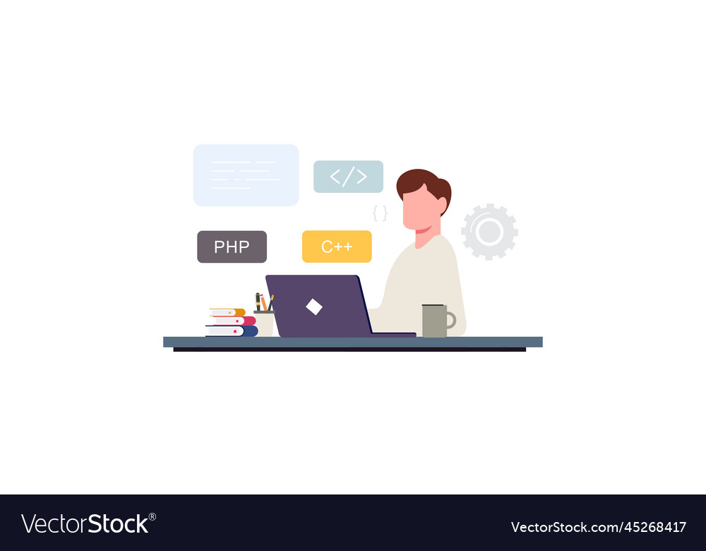 Man programmer is working on his laptop concept vector image Man programmer is working on his laptop concept