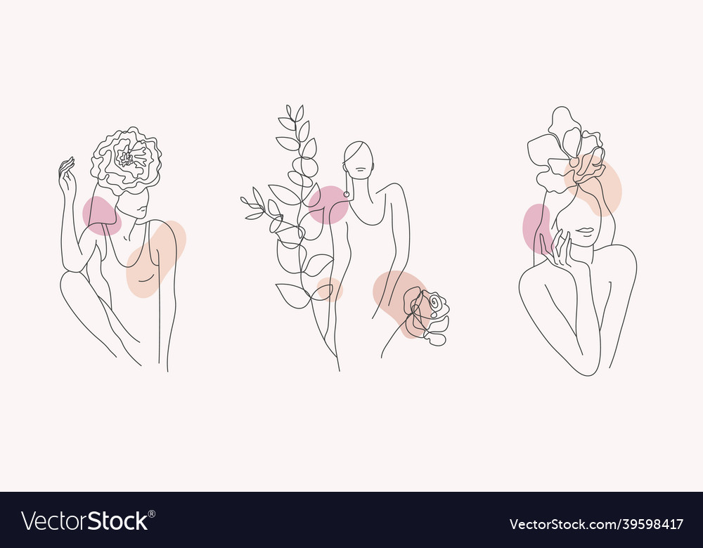 Set of women faces bodies line art Royalty Free Vector Image