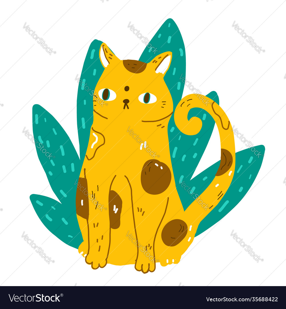 Funny cartoon cat sit in jungle leaves modern