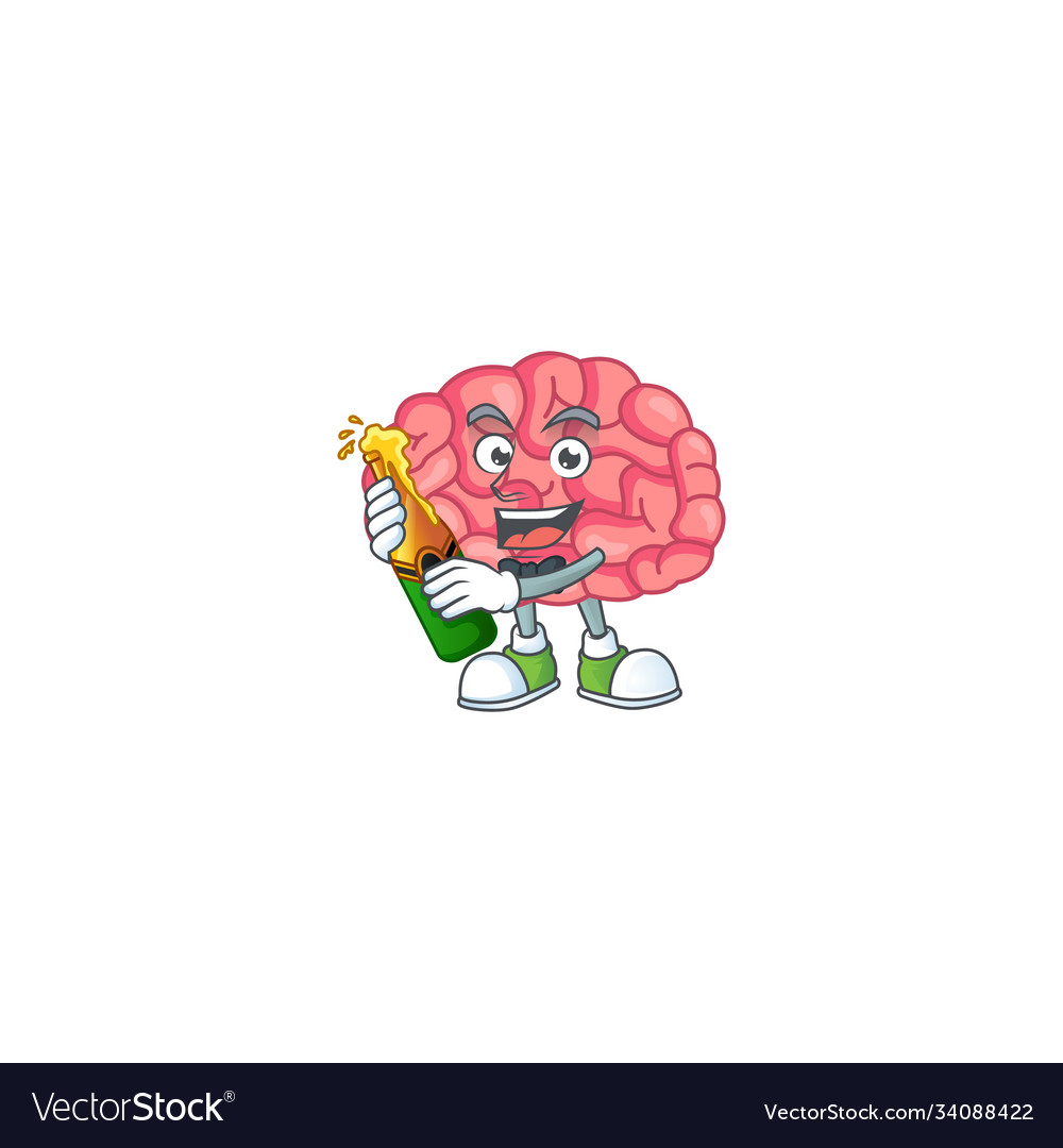 Mascot brain making toast with a bottle beer