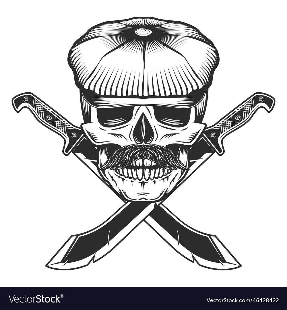 Skull in flat cap and mustache with machete Vector Image