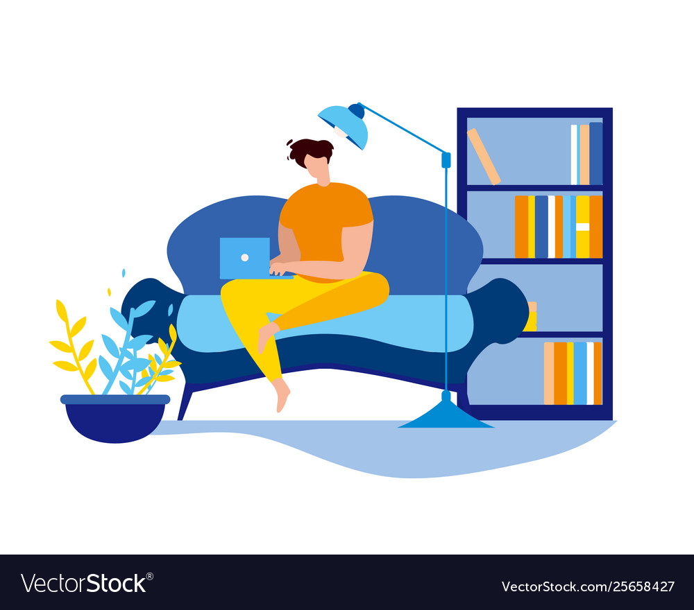 Cartoon man sit couch with notebook freelancer