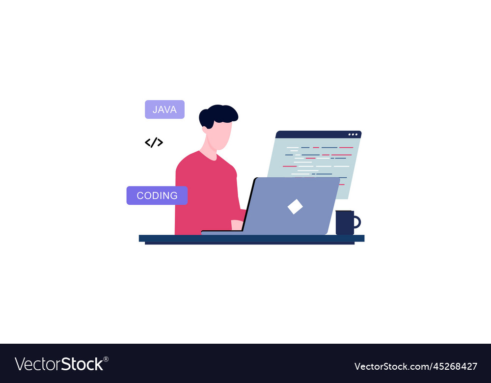 Man programmer is working on his laptop concept vector image Man programmer is working on his laptop concept