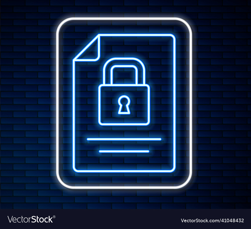 Glowing neon line document and lock icon isolated