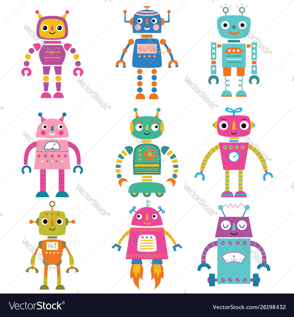 Isolated cute cartoon robots set Royalty Free Vector Image