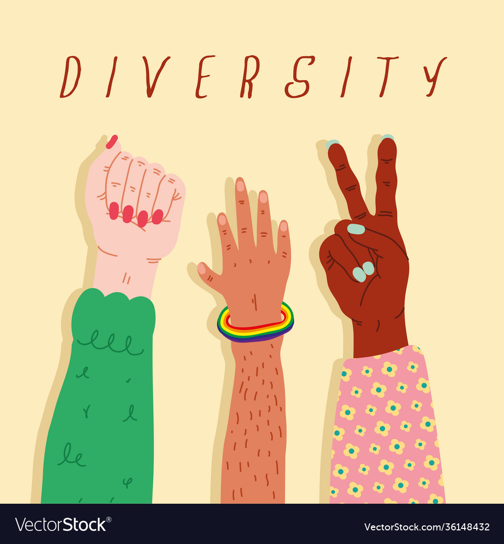 Three diversity hands humans up and lettering Vector Image