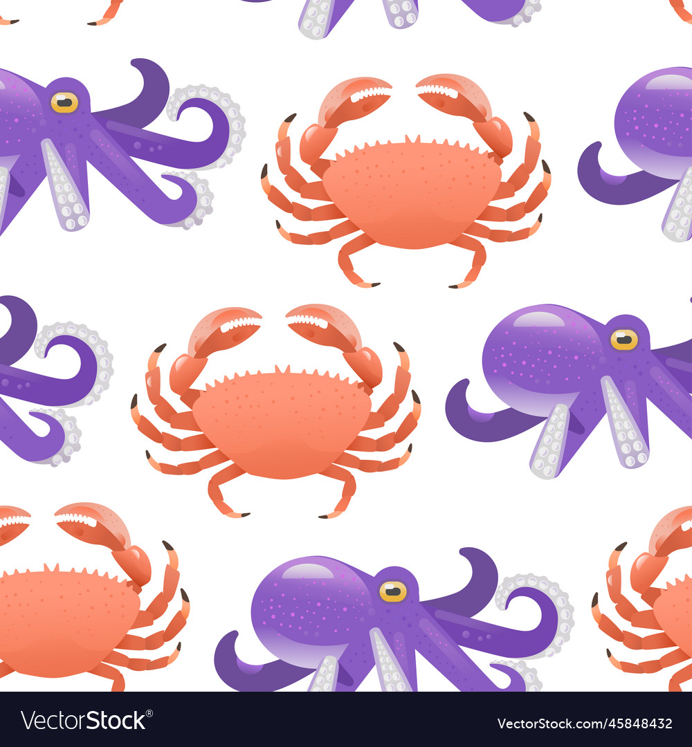 Vibrant cartoon seamless pattern with cute crabs