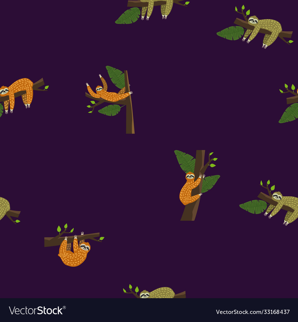 Cute sloth on tree seamless pattern with funny