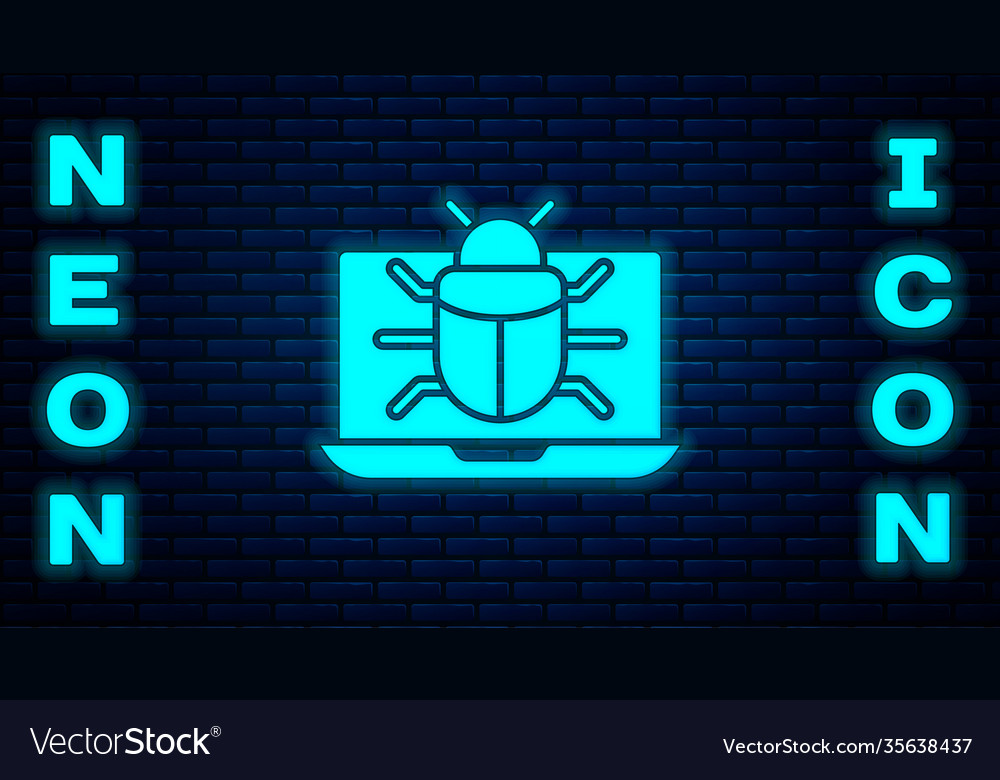 Glowing neon system bug on monitor icon isolated