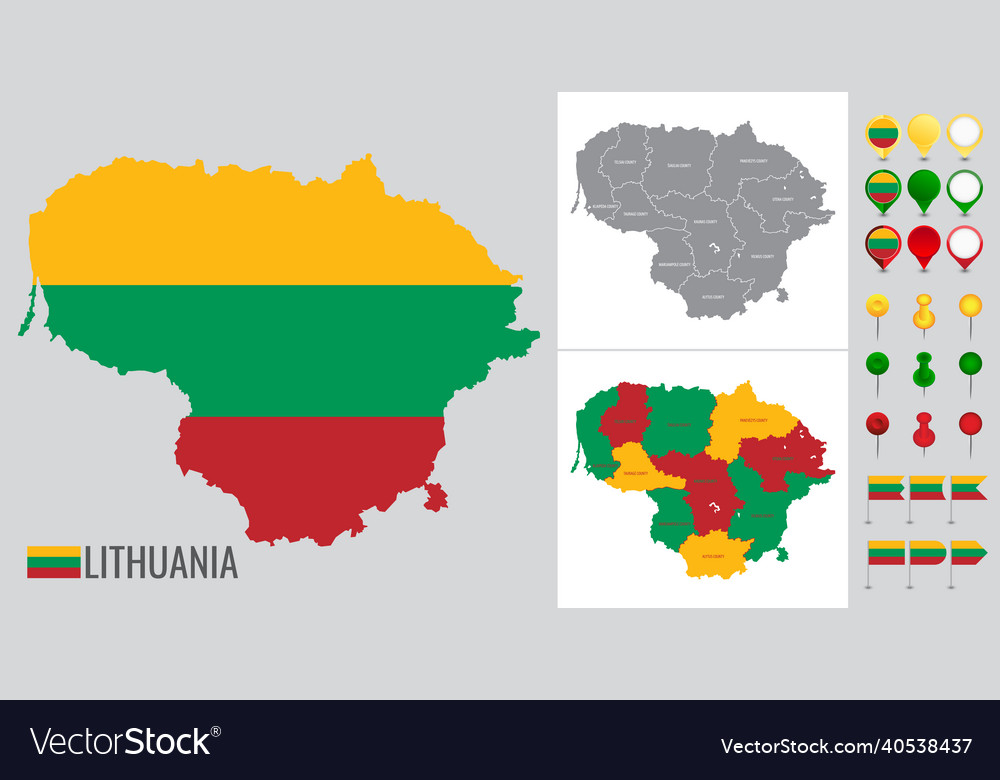 Lithuania map with flag globe and icons on white vector image Lithuania map with flag globe and icons on white