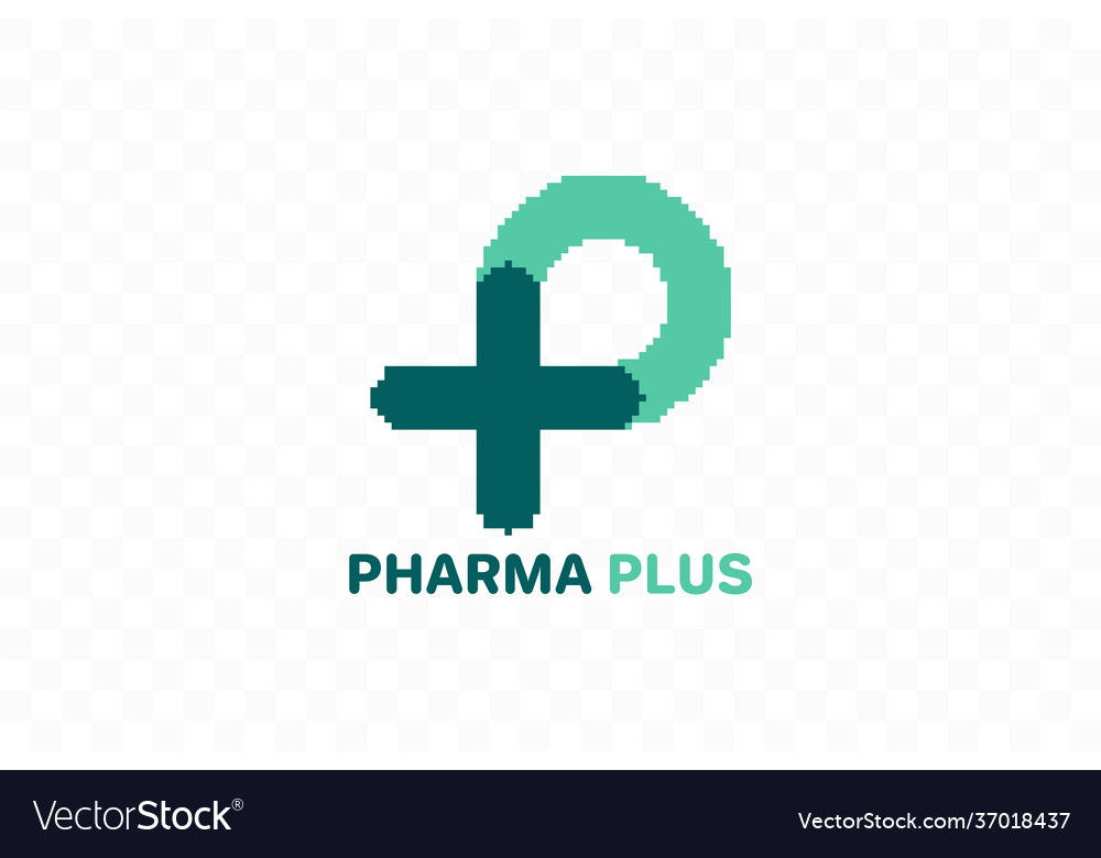 Pixel art p logo with plus medical Royalty Free Vector Image