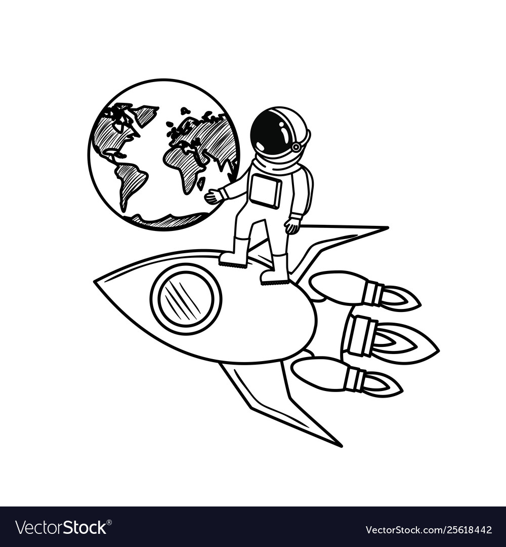 Astronaut with spacesuit and rocket in white