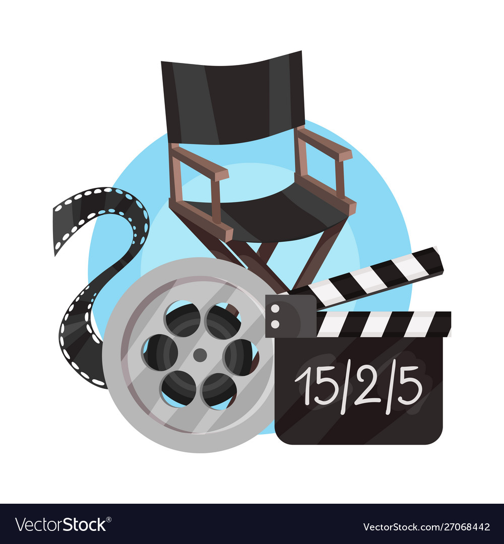 Directors chair film strip movie clapperboard vector image Directors chair film strip movie clapperboard