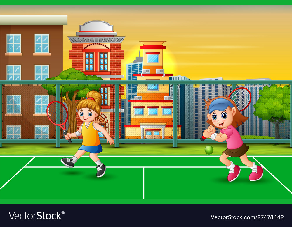 Featuring girls playing tennis at court