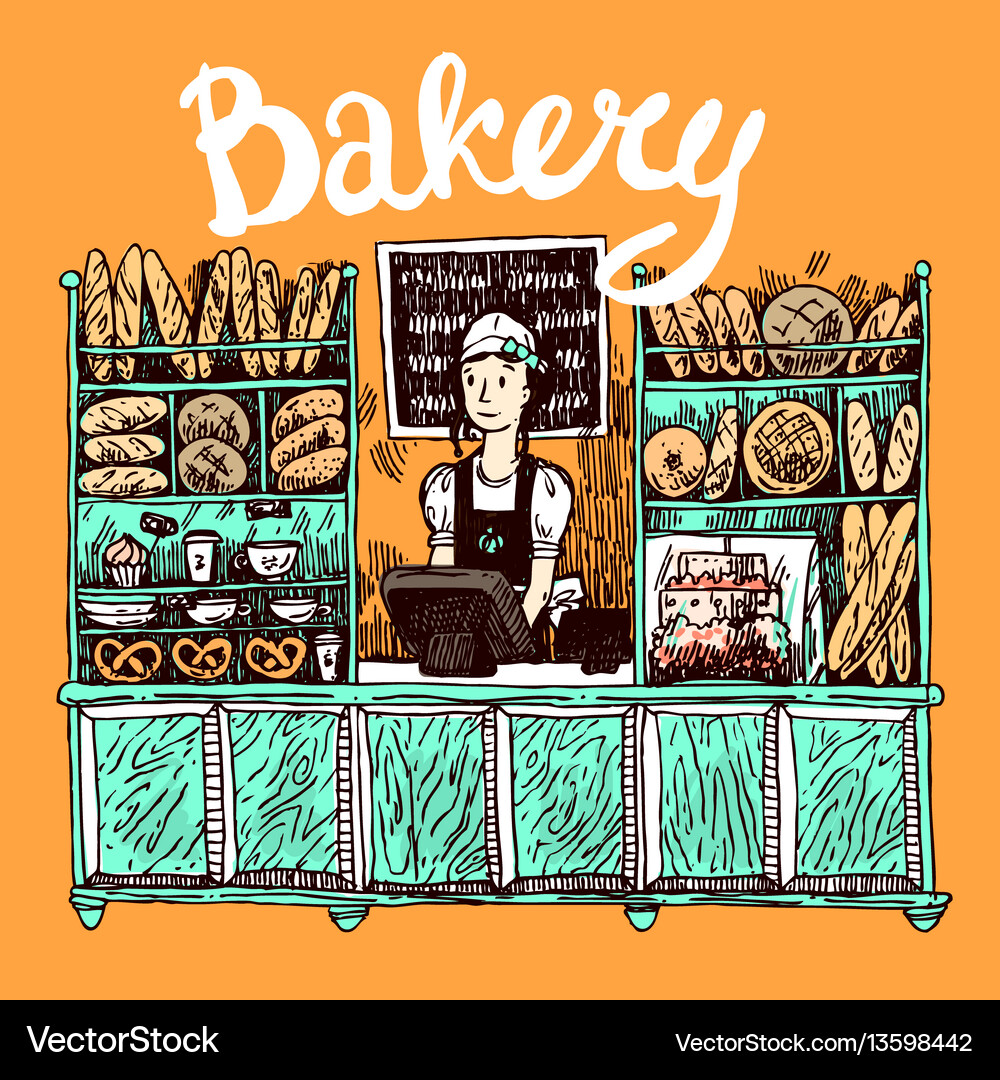 Hand drawn sketch interior bakery shop Royalty Free Vector