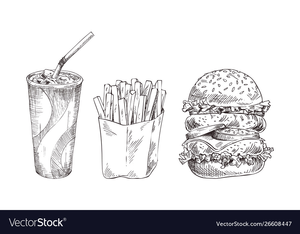 Fast food set hand drawn monochrome sketch vector image Fast food set hand drawn monochrome sketch