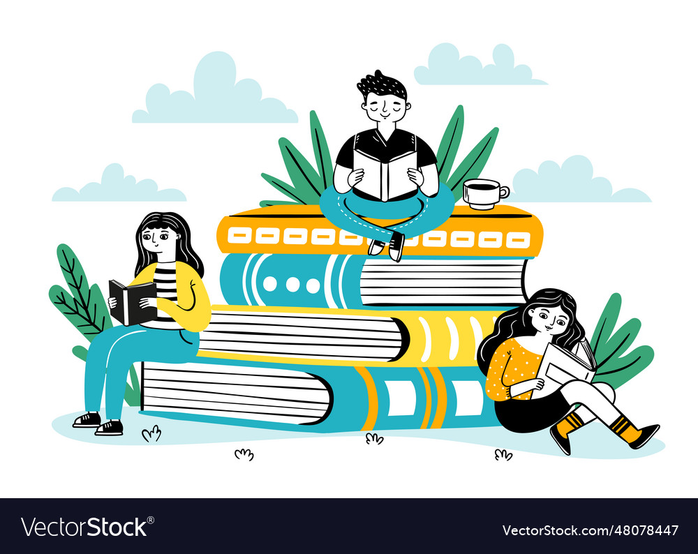 Reading on pile of books happy students sit