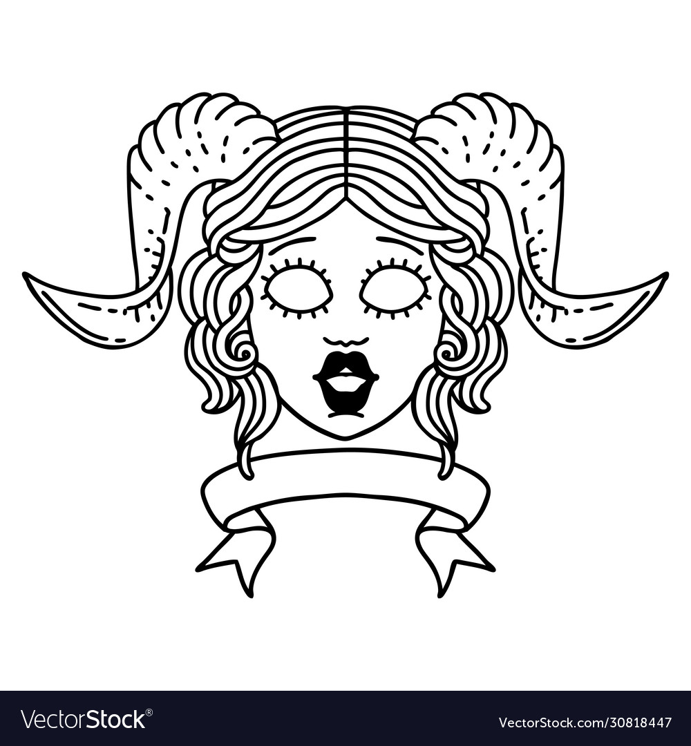 Tiefling character face with scroll banner