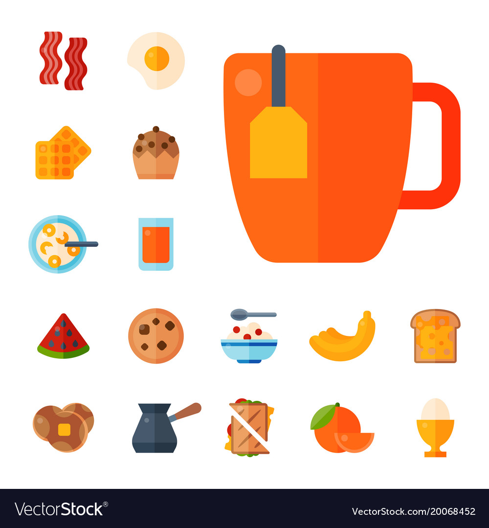 Breakfast healthy food meal icons drinks flat