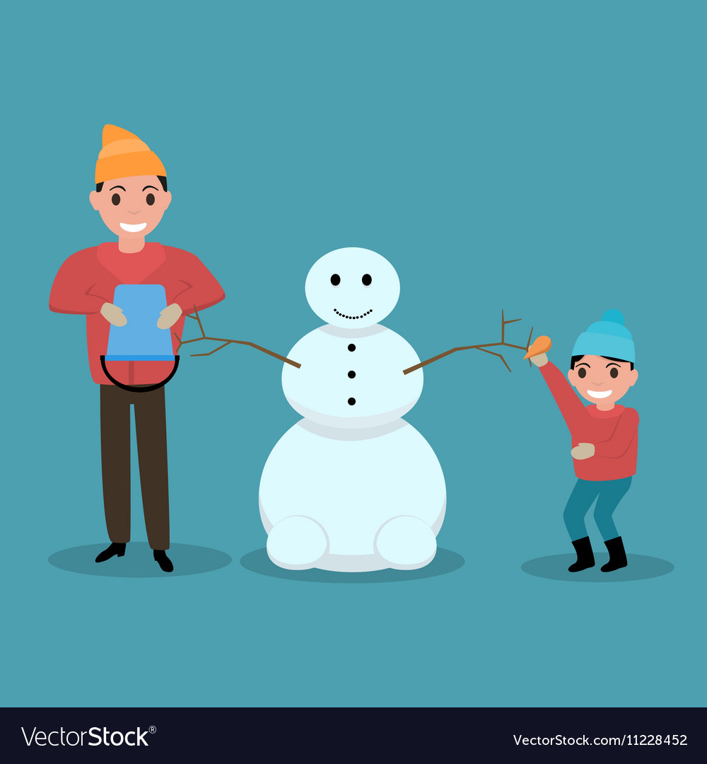 Cartoon father son together build snowman