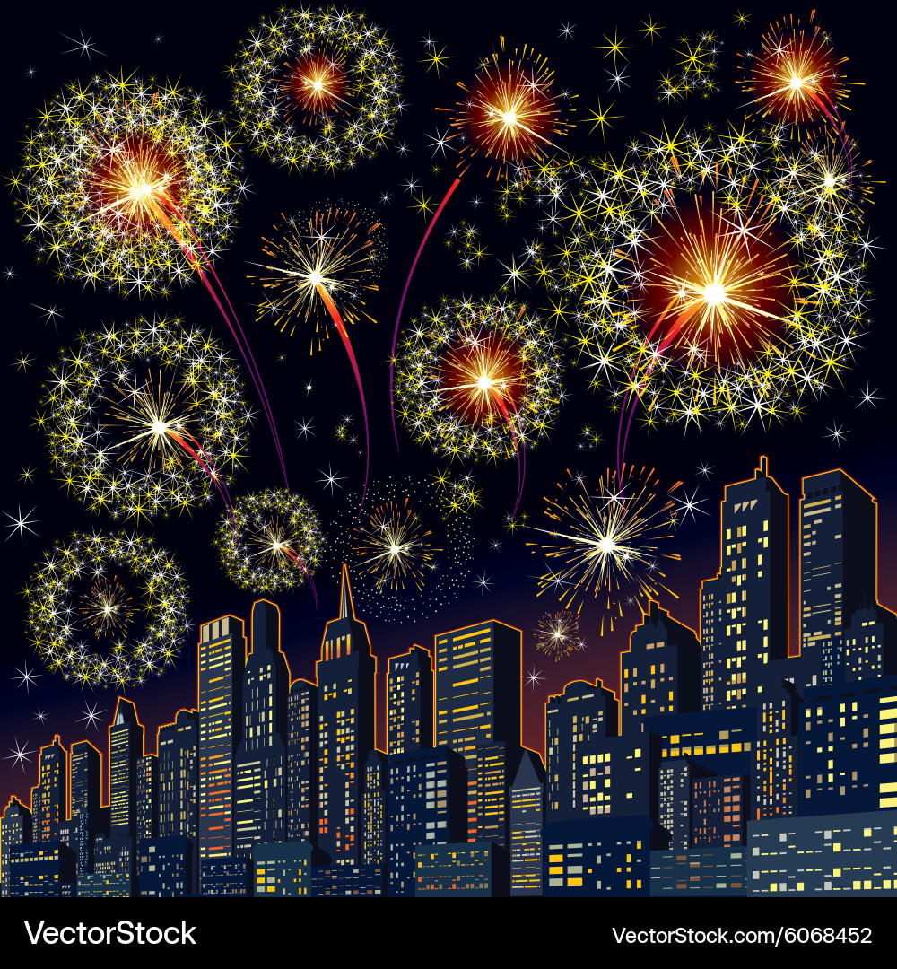 Festive firework skyline image Royalty Free Vector Image