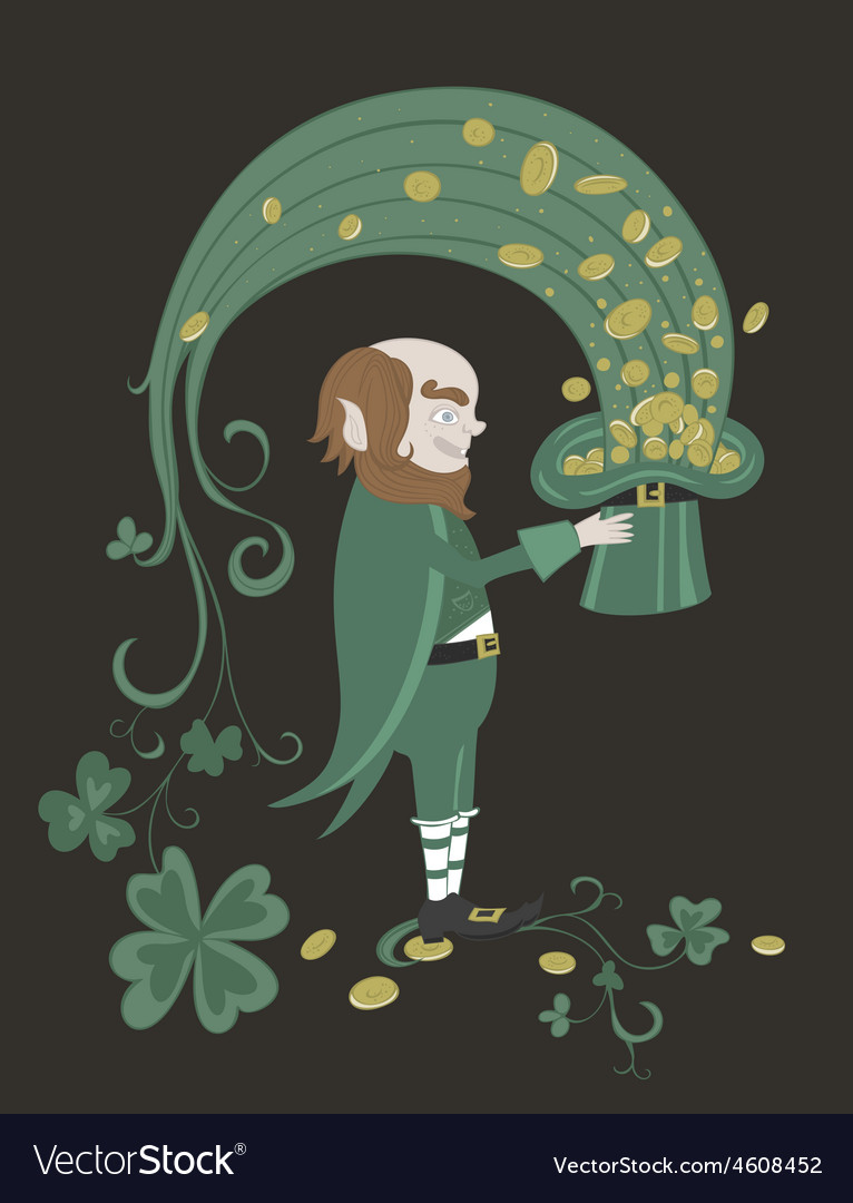 Leprechaun holding a green hat with gold coins