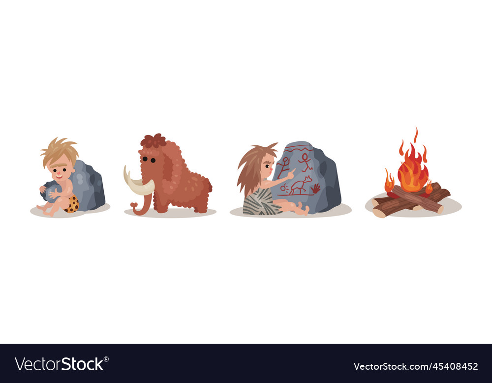 Stone age with caveman bonfire and mammoth