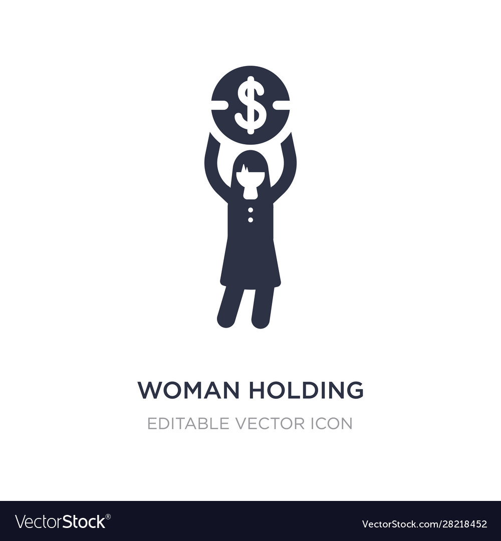 Woman holding big coin icon on white background