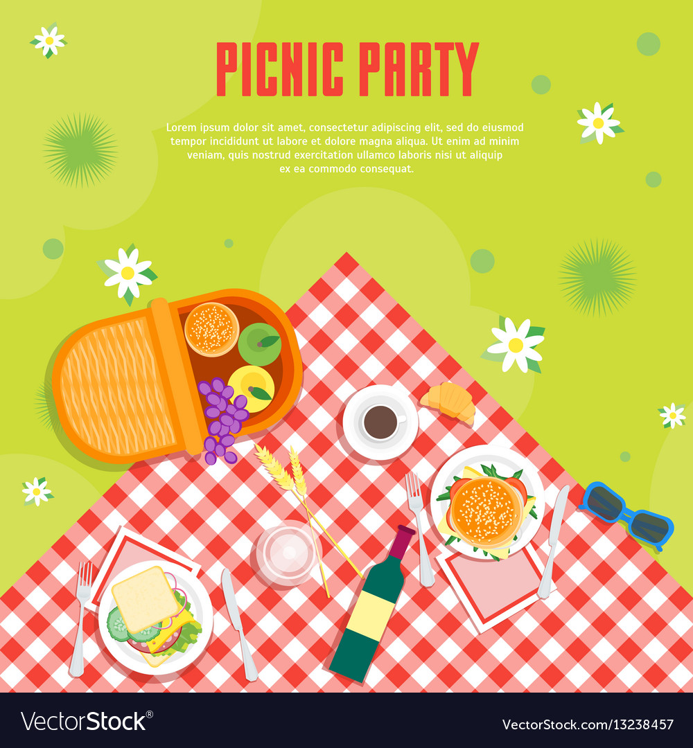 Cartoon summer picnic in park basket card