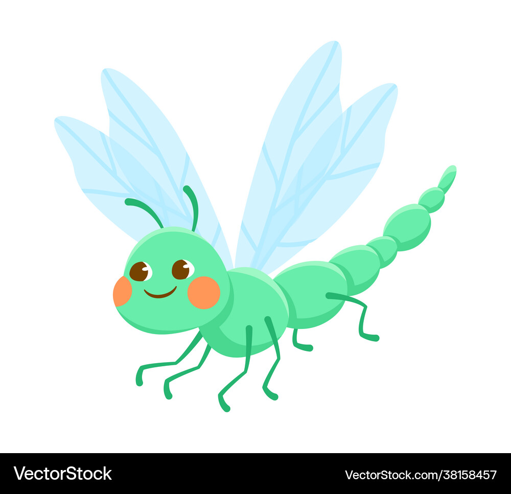 Cute green smiling dragonfly on white background Vector Image
