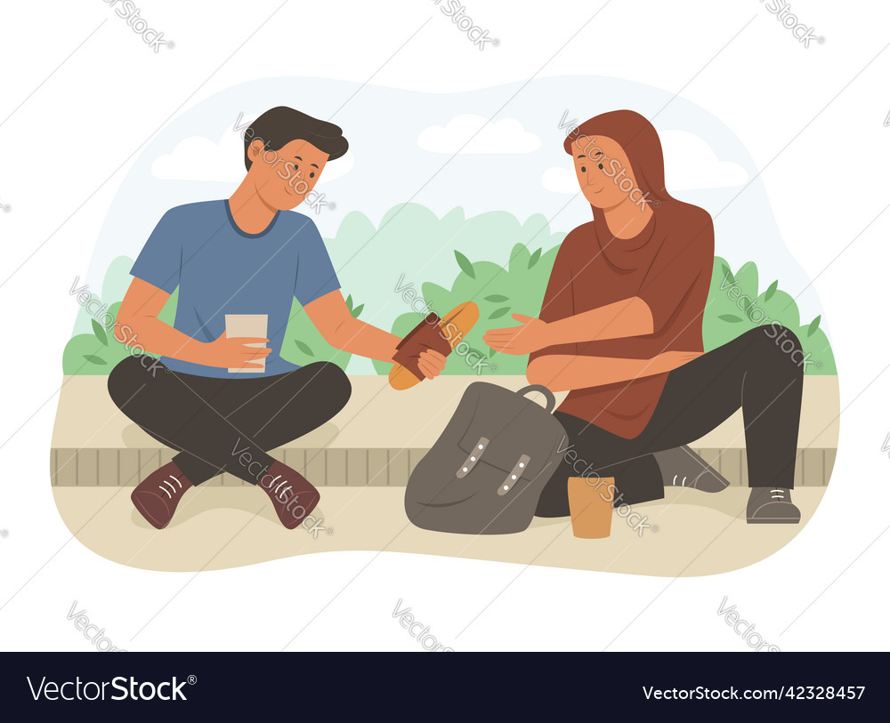 Man sharing food to homeless Royalty Free Vector Image