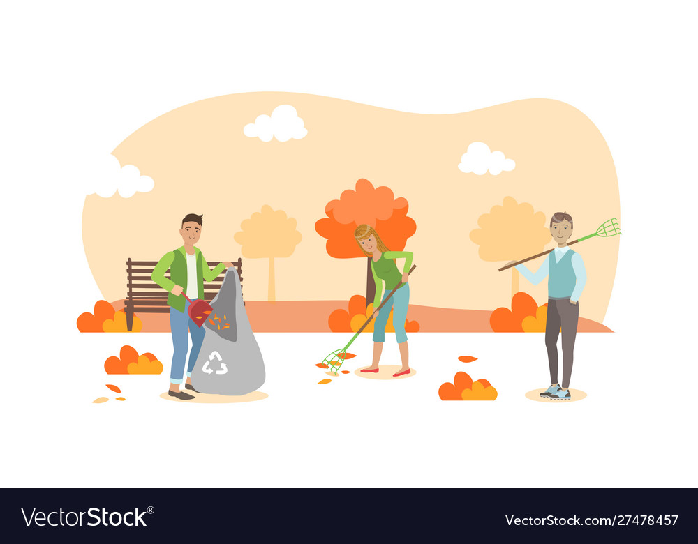 People volunteers cleaning up autumn leaves