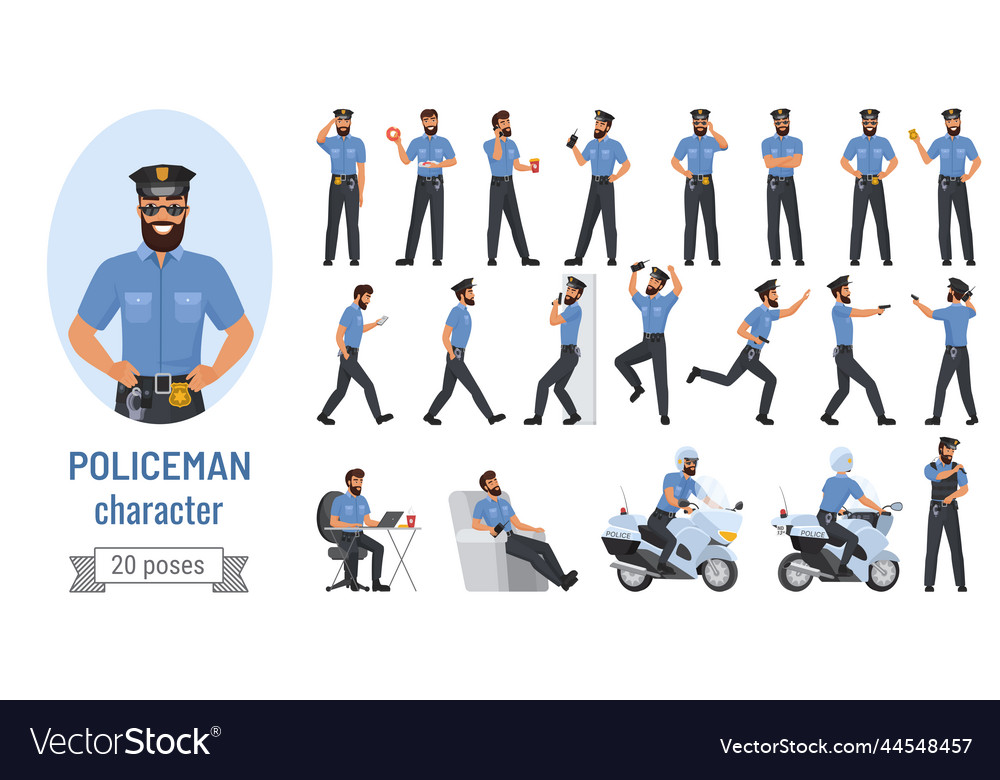 Policeman poses cartoon set bearded professional Vector Image