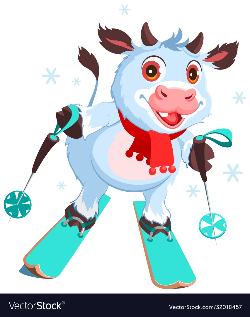 White cow symbol 2021 skiing fun cartoon