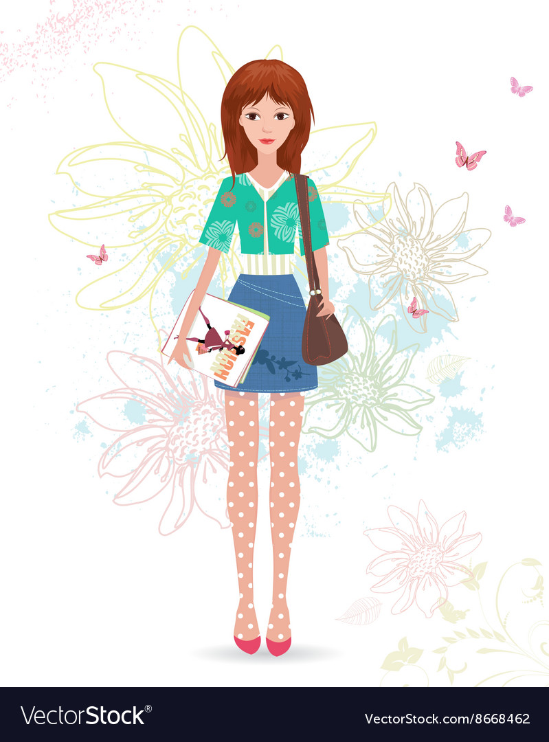 Fashion girl with magazines on sketch floral