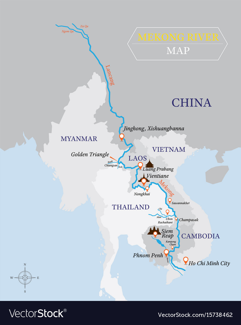 Mekong river map with country and city location Vector Image