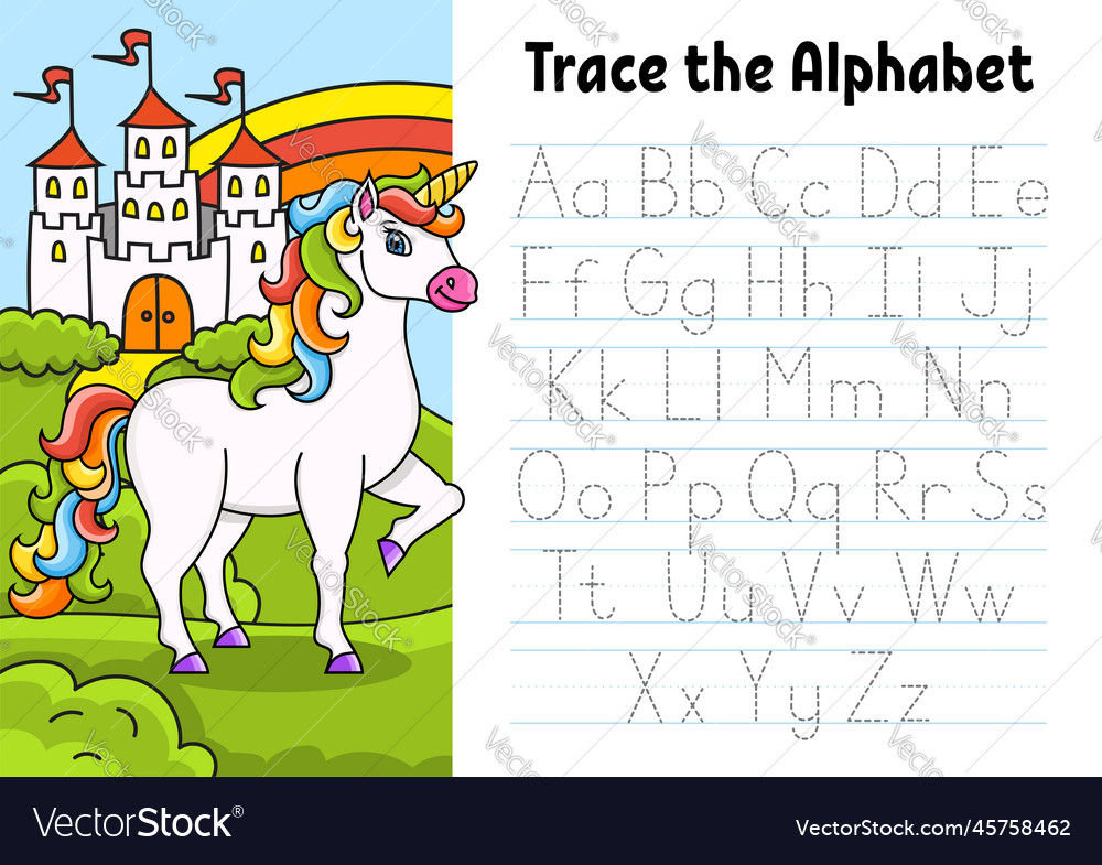 Writing letters tracing page with unicorn vector image Writing letters tracing page with unicorn