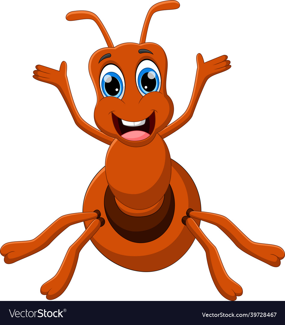 Cartoon funny ant waving on white background