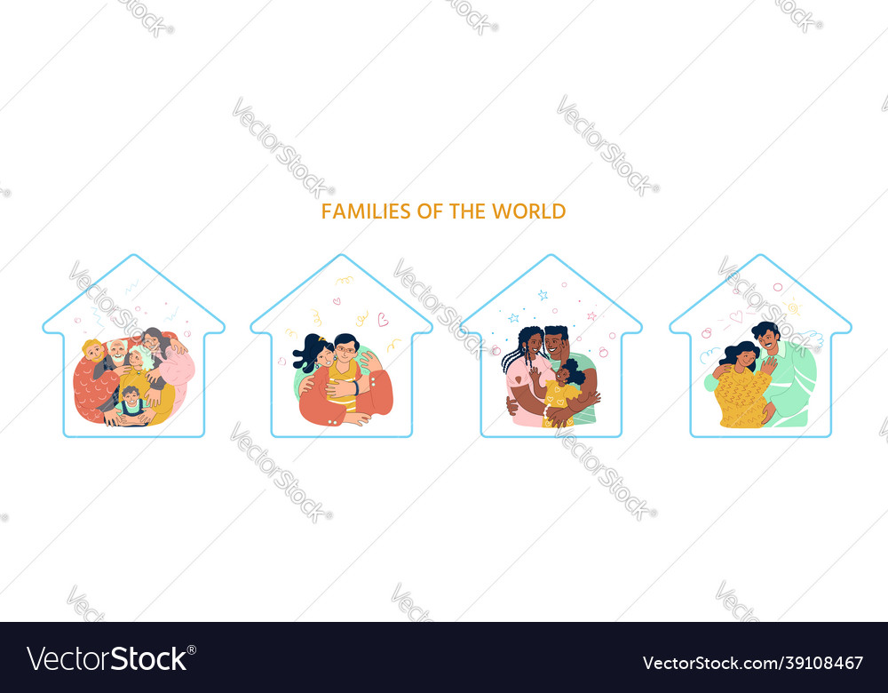 Vier glückliche Familien verschiedene Nation umarmen zu Hause