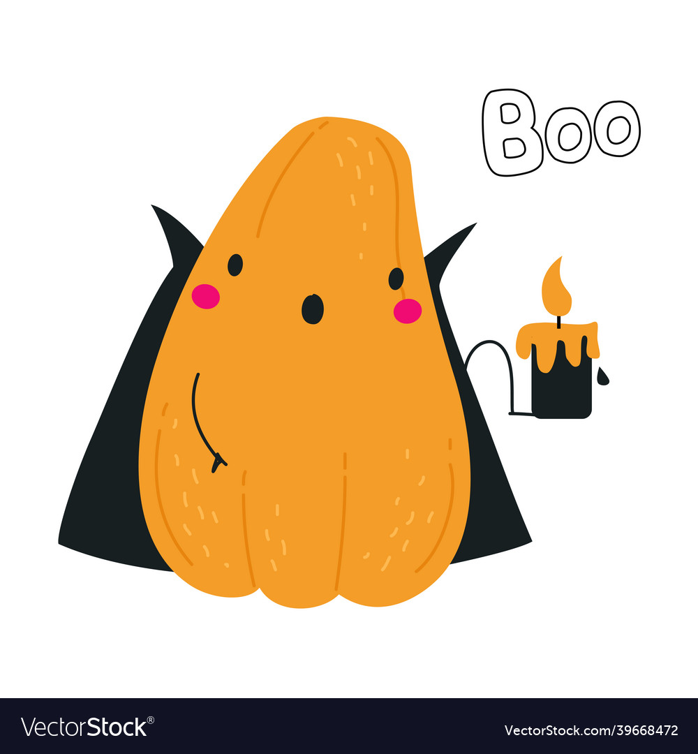 Cute orange pumpkin character in black cape vector image Cute orange pumpkin character in black cape