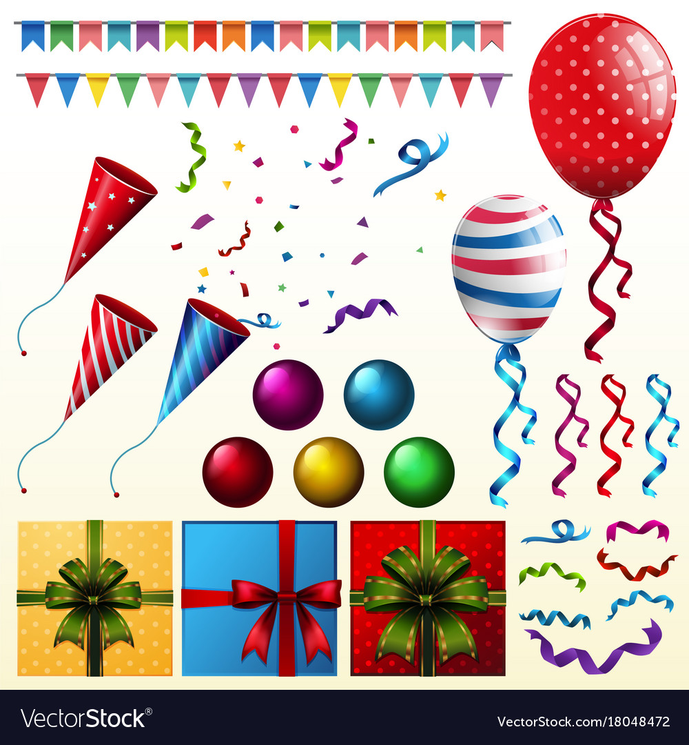 Party elements with balloons and presents