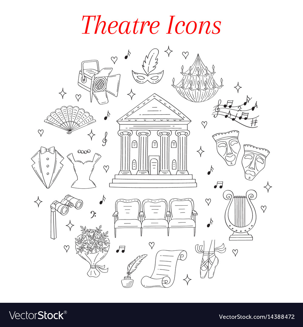 Set of theater icons hand drawn doodle Royalty Free Vector