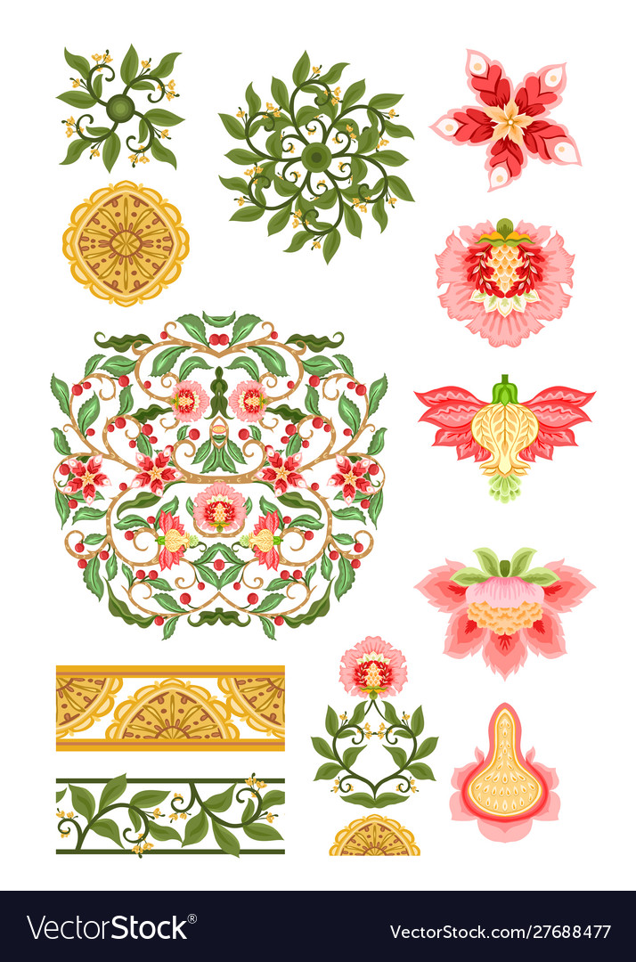 Elements pattern with stylized ornamental flowers