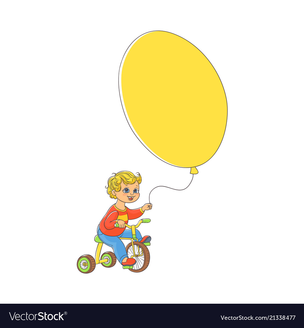 Kleiner Junge Fahrrad mit großem Ballon in der Hand